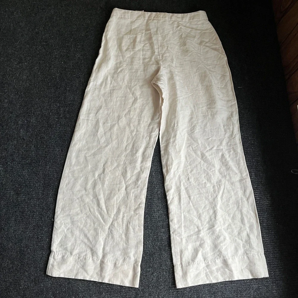 HM Linen Blend Wide Leg Trousers Beige High Waisted Pants Sz 8 lightweight flowy